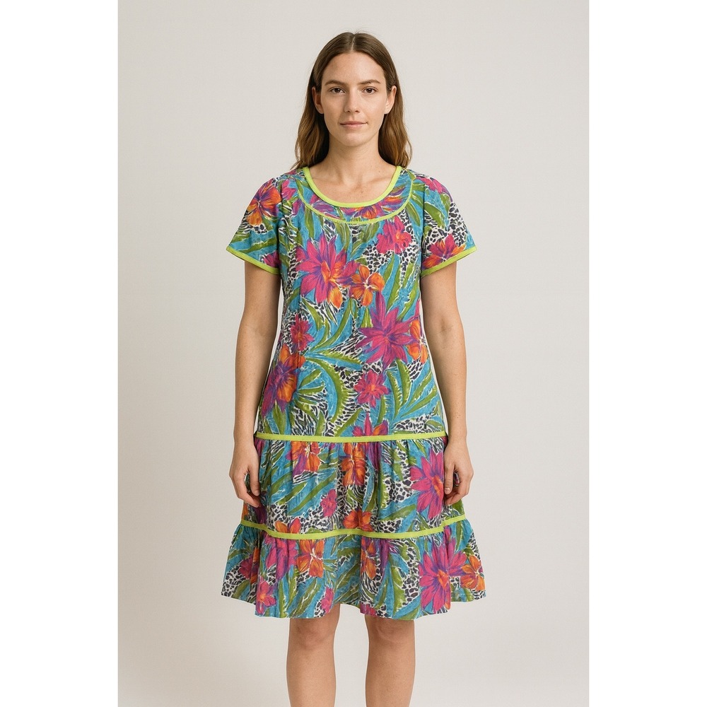 Vtg 70s Floral Hawaiian Muumuu Dress Womens L Tropical Lounge Beach Pool Pockets